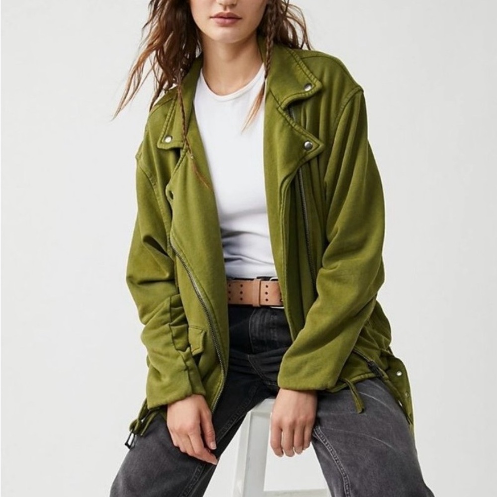 #30 Free People Rebel Oversized Cotton Moto Jacket OLIVE SPARROW